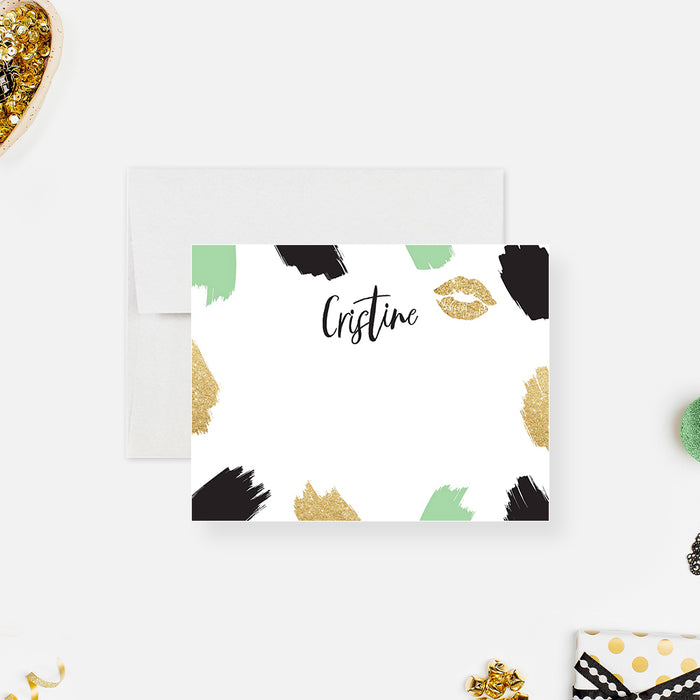 Trendy Note Card in Black Green and Gold with Kiss Mark, Cheeky Birthday Thank You Card, Personalized Stationery for Women