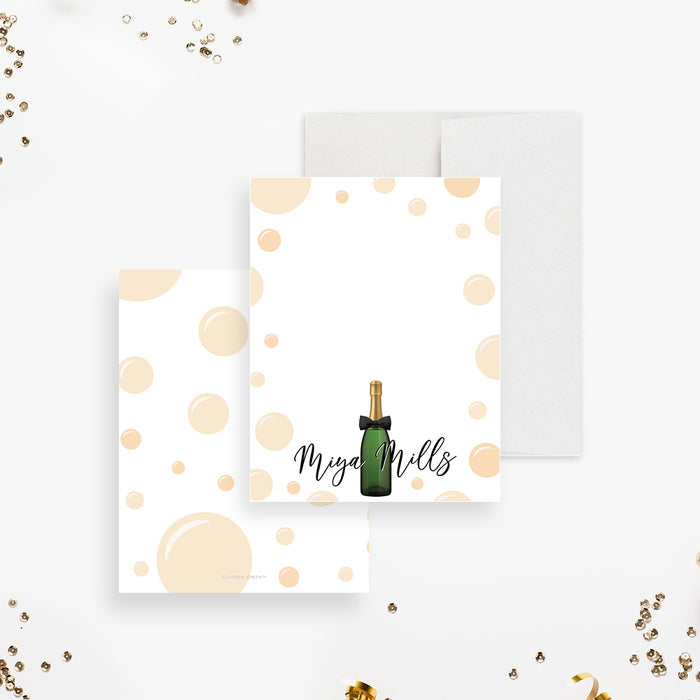 Bubbles and Bowties Note Card with Champagne Bottle, Champagne Birthday Party Thank You Card