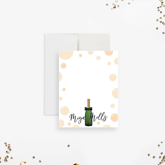 Bubbles and Bowties Note Card with Champagne Bottle, Champagne Birthday Party Thank You Card