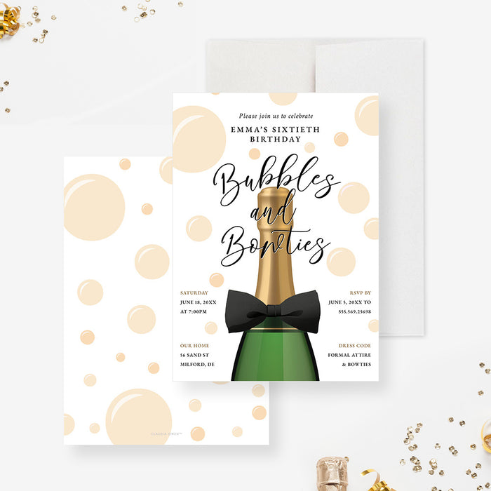 Bubbles and Bowties Birthday Invitation Card with Champagne Bottle, Creative Womens Birthday Invitations, Champagne Birthday Bash Invites