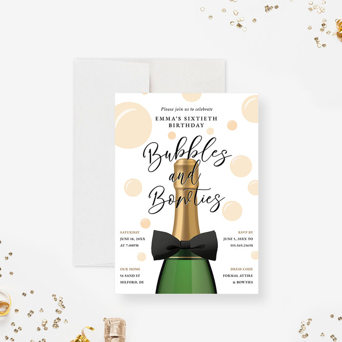 Bubbles and Bowties Birthday Invitation Card with Champagne Bottle, Creative Womens Birthday Invitations, Champagne Birthday Bash Invites