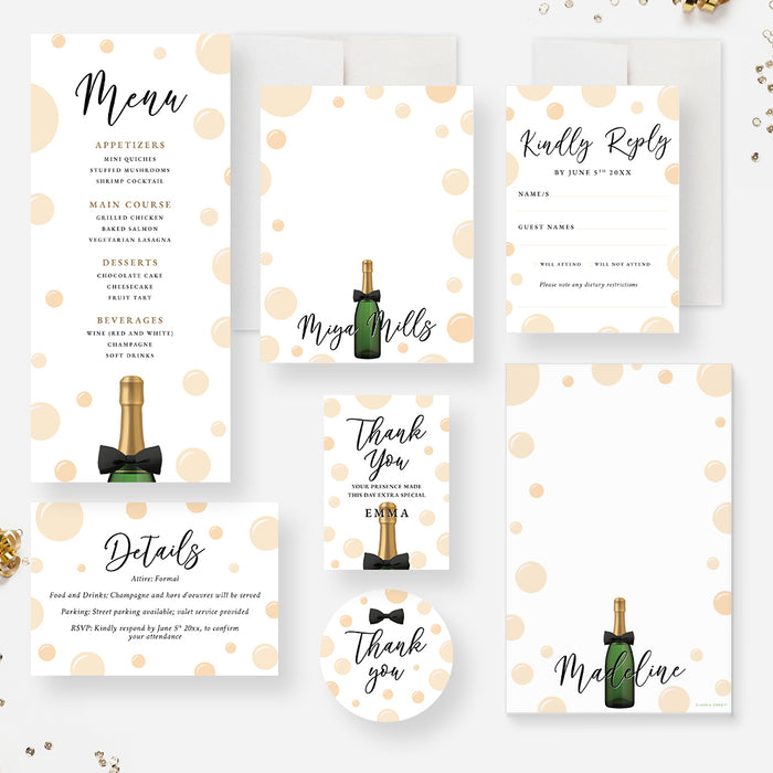 Bubbles and Bowties Birthday Invitation Card with Champagne Bottle, Creative Womens Birthday Invitations, Champagne Birthday Bash Invites