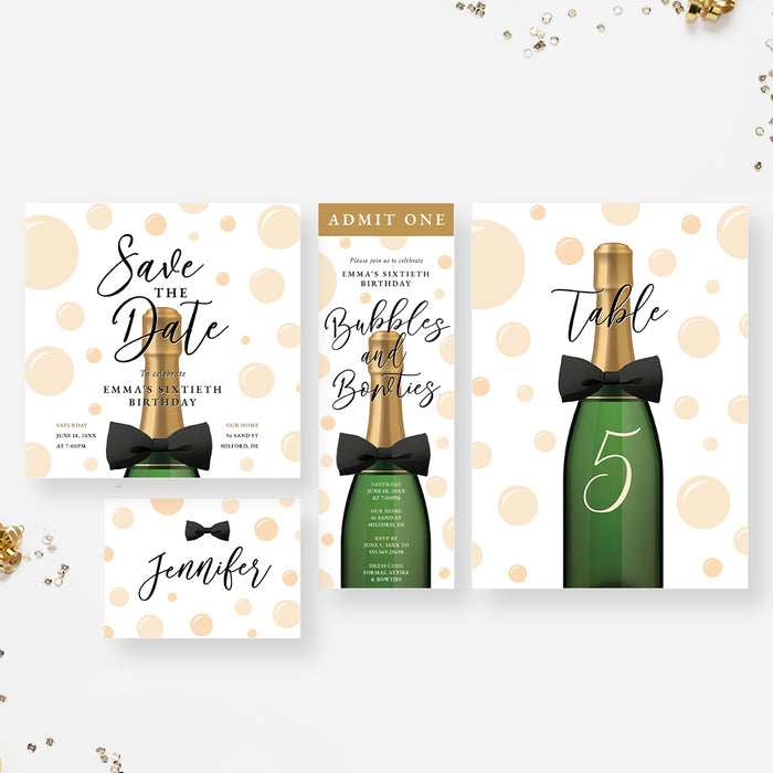 Bubbles and Bowties Birthday Invitation Card with Champagne Bottle, Creative Womens Birthday Invitations, Champagne Birthday Bash Invites