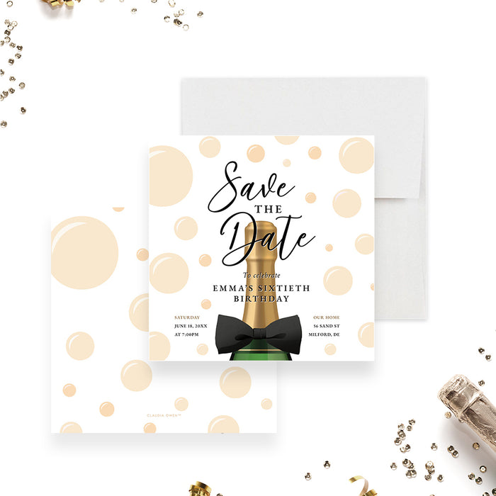 Bubbles and Bowties Save the Date Card with Champagne Bottle, Champagne & Bubbles Save the Date Invitation