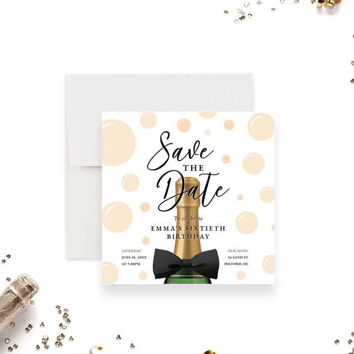 Bubbles and Bowties Save the Date Card with Champagne Bottle, Champagne & Bubbles Save the Date Invitation