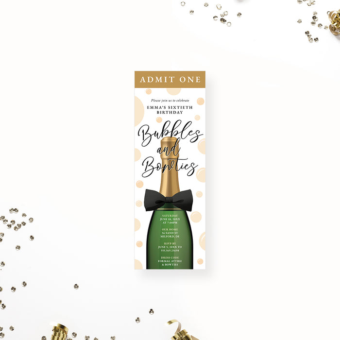 Bubbles and Bowties Birthday Invitation Card with Champagne Bottle, Creative Womens Birthday Invitations, Champagne Birthday Bash Invites