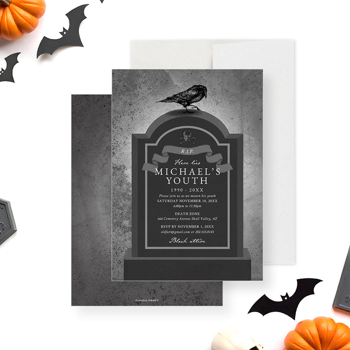 Custom invitation with a tombstone and black crown, ideal for gothic birthdays and spooky Halloween parties.-front-back