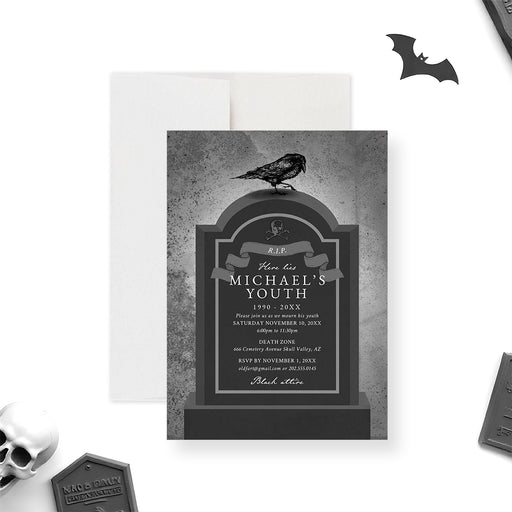 Custom invitation with a tombstone and black crown, ideal for gothic birthdays and spooky Halloween parties.-front
