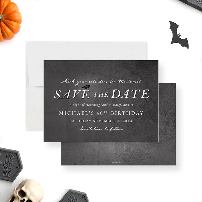 Gothic save the date card featuring a black crow design for milestone birthday or spooky celebration.-front-back