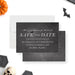 Gothic save the date card featuring a black crow design for milestone birthday or spooky celebration.-front-back