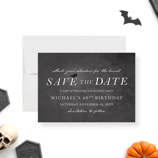 Gothic save the date card featuring a black crow design for milestone birthday or spooky celebration.-front