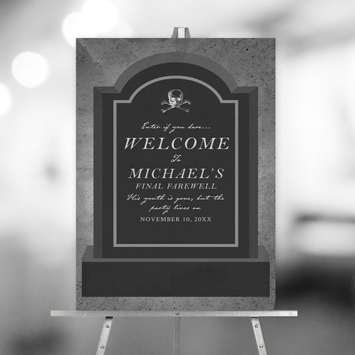 Gothic welcome sign with a tombstone, skull, and crossbones—ideal for Halloween or milestone birthday party decorations.
