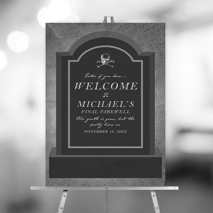 Gothic welcome sign with a tombstone, skull, and crossbones—ideal for Halloween or milestone birthday party decorations.