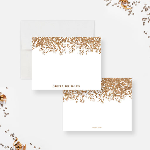 Cross Thank You Cards for Baptism and First Communion. Front and white back with a printed gold confetti header shown with a white envelope.