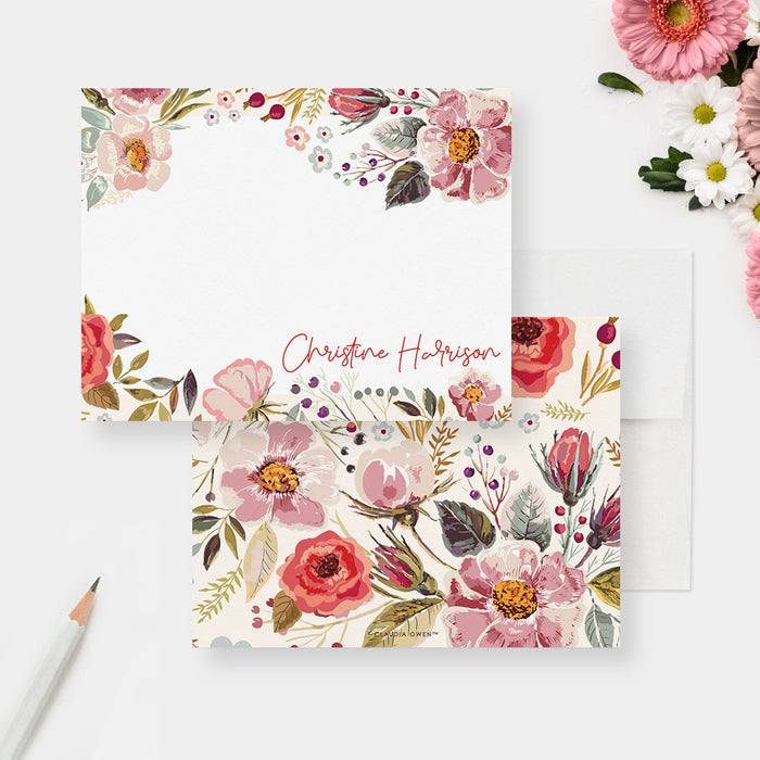 Personalized floral note card with wildflower border and custom name