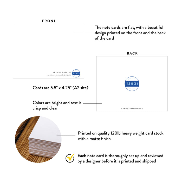 Front and back of custom business logo note cards with contact details with A2 size and matte cardstock details.