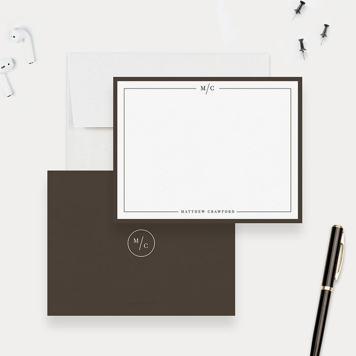 Custom office stationery for men featuring elegant monogram note cards