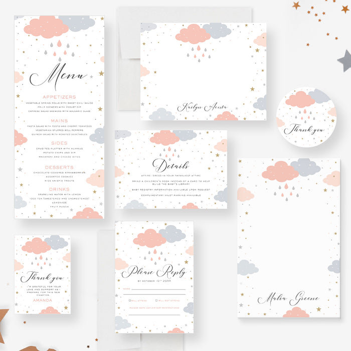 Cute Baby Shower Invitation Card with Rain Clouds, Cloudy Invites for Baby Shower Celebration with Raindrops