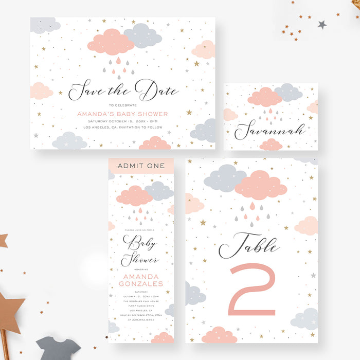 Cute Baby Shower Invitation Card with Rain Clouds, Cloudy Invites for Baby Shower Celebration with Raindrops