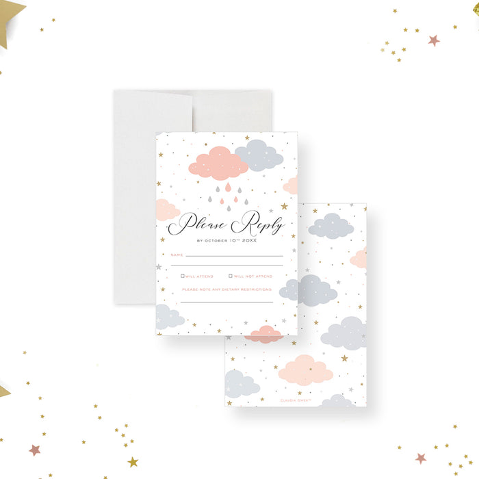 Cute Baby Shower Invitation Card with Rain Clouds, Cloudy Invites for Baby Shower Celebration with Raindrops