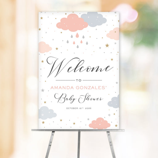 Pink and gray baby shower welcome sign with raindrop clouds and gold stars, customized with name and date.