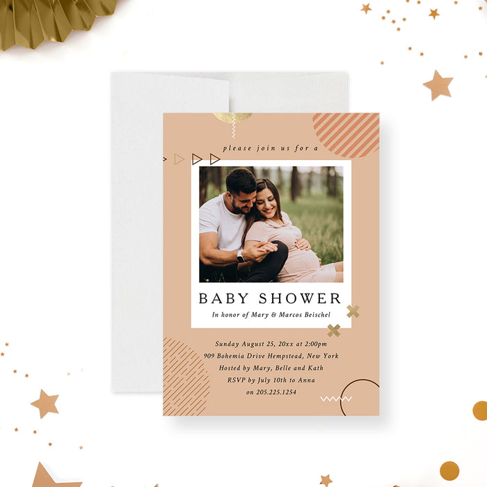 Gender Neutral Baby Shower Photo Invitation Card, Cute Baby Invitations with Picture in Earthy Colors