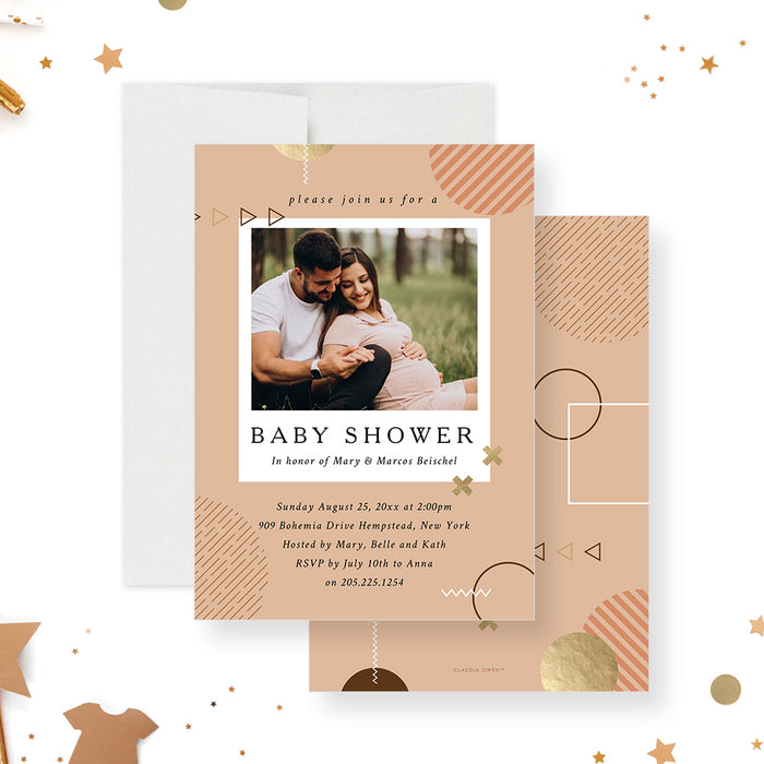 Gender Neutral Baby Shower Photo Invitation Card, Cute Baby Invitations with Picture in Earthy Colors