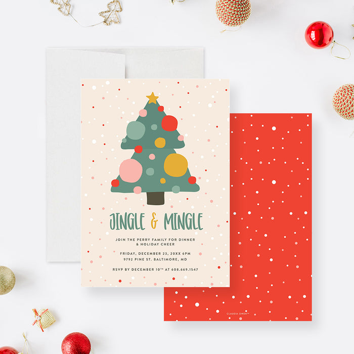 Cute Holiday Party Invitation Card with Christmas Tree and Colorful Baubles, Jingle and Mingle Family Christmas Dinner Invites