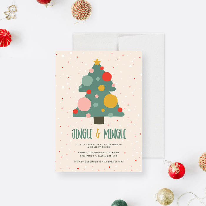 Cute Holiday Party Invitation Card with Christmas Tree and Colorful Baubles, Jingle and Mingle Family Christmas Dinner Invites