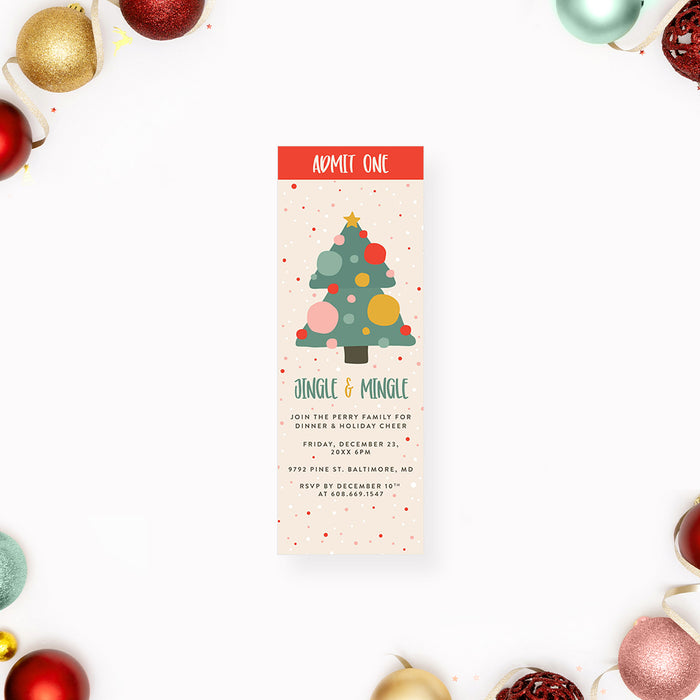 Cute Holiday Party Invitation Card with Christmas Tree and Colorful Baubles, Jingle and Mingle Family Christmas Dinner Invites