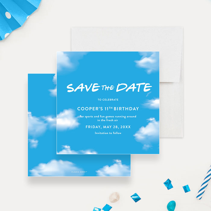 Playful Birthday Save the Date Card Featuring a Blue Sky and White Clouds Design for a Kids' Party