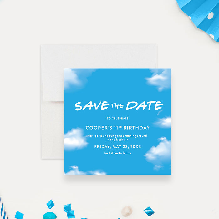 Playful Birthday Save the Date Card Featuring a Blue Sky and White Clouds Design for a Kids' Party