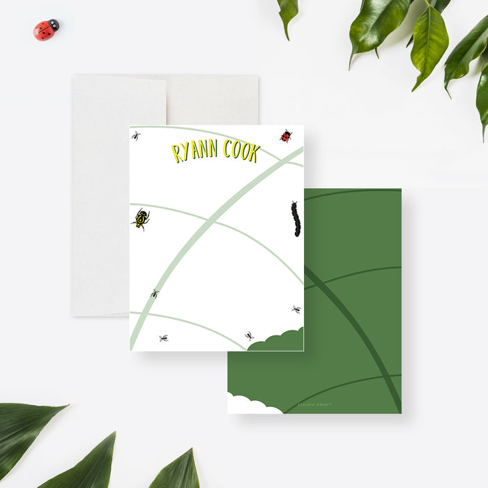 Nature Inspired Note Cards with Insect Illustrations, Custom Bug Themed Note Card with Name, Cute Insect Birthday Thank You Cards for Kids