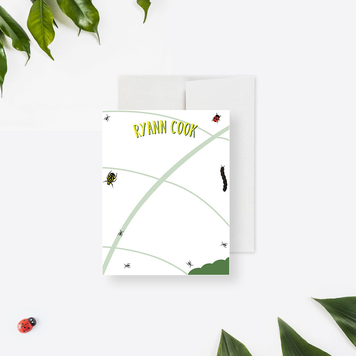 Nature Inspired Note Cards with Insect Illustrations, Custom Bug Themed Note Card with Name, Cute Insect Birthday Thank You Cards for Kids