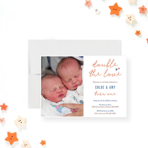 Twin birthday invitation card with “Double the Love” and heart design, featuring a photo of twin babies and customizable party details.-front