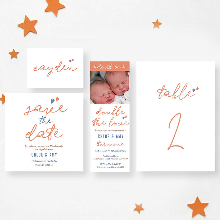 Twin Birthday Invitation with Photo Double the Love Theme