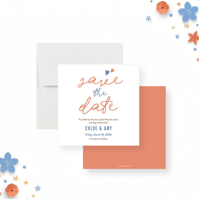 Save the date card for twins birthday party with modern design and custom text.-front-back