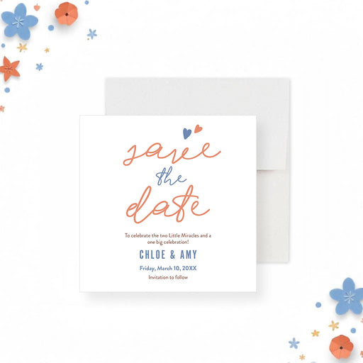 Save the date card for twins birthday party with modern design and custom text.-front