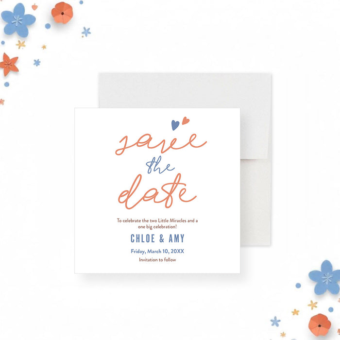 Save the date card for twins birthday party with modern design and custom text.-front