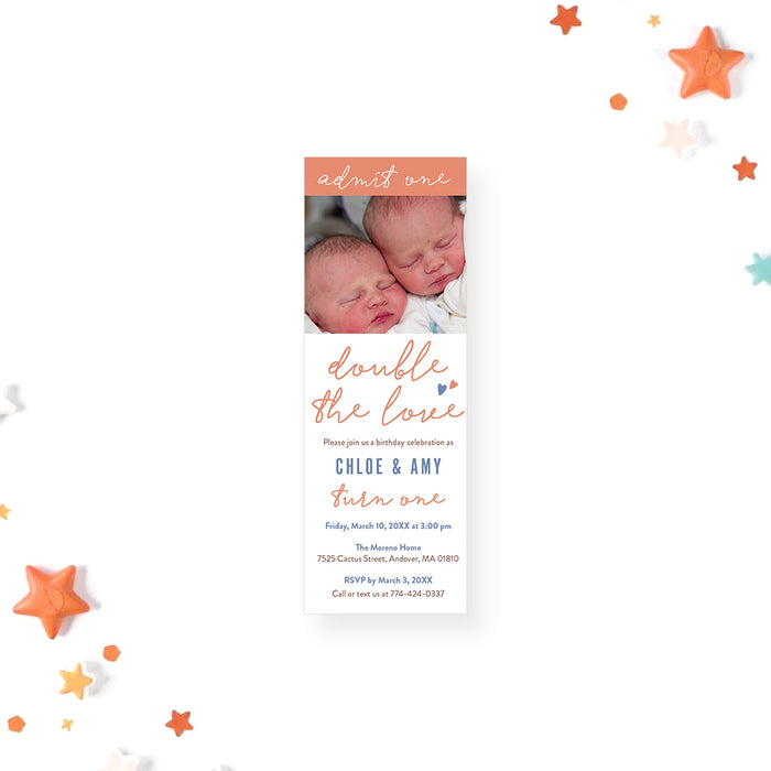 Twin Birthday Invitation with Photo Double the Love Theme