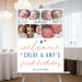 Twin first birthday welcome sign with personalized photo collage, custom party poster décor for boys or girls.