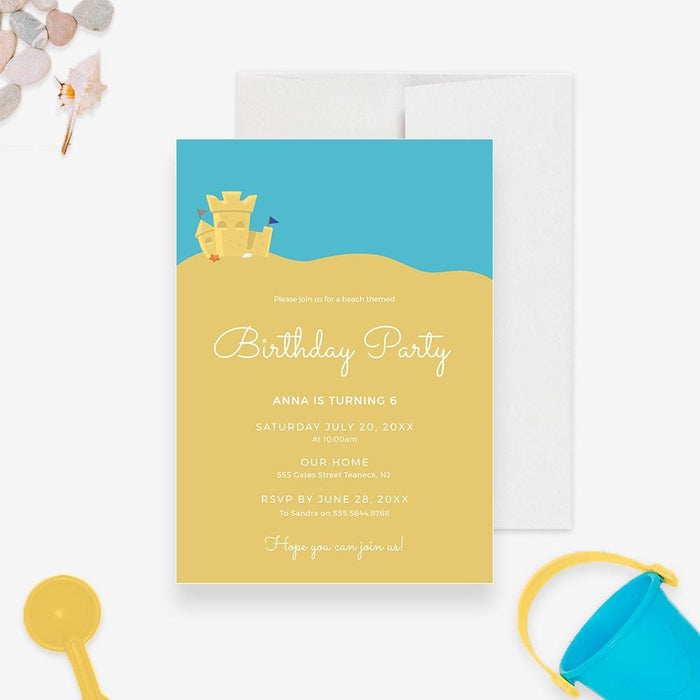 Kids Beach Birthday Party Invitation Editable Template, Summer Birthday Printable Party Digital Download with Sand Castle