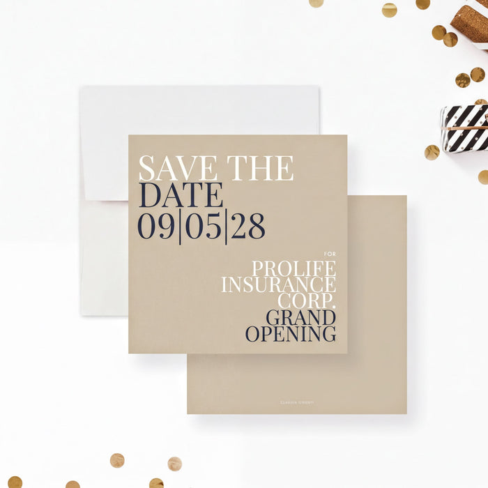 The image is a "Save the Date" card for the grand opening of the Prolife Insurance Corp.