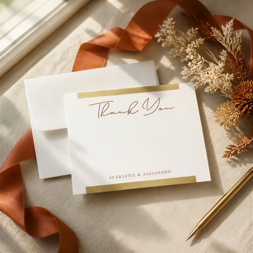 a white card with a gold border, a pen, and a ribbon, all placed on a wooden surface.