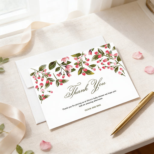 A white card with a floral design and a message expressing gratitude, placed on a table with a pen and some rose petals.
