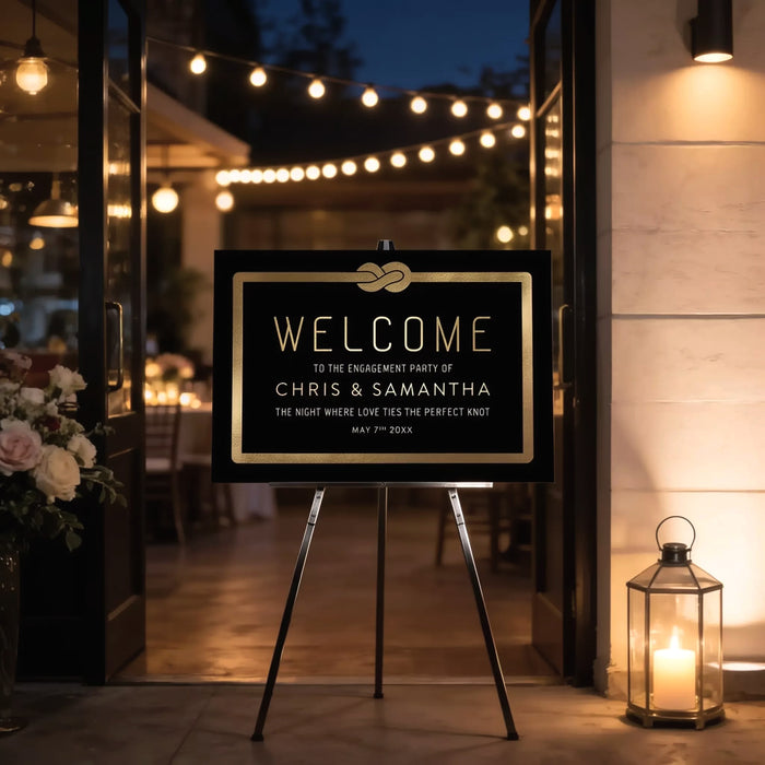a sign welcoming guests to an engagement party of Chris and Samantha, with a string of lights in the background.