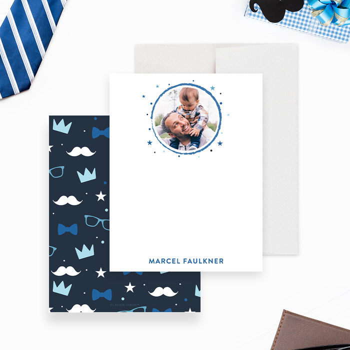 Personalized photo note card with father and child image, blue circular frame, and custom name on white cardstock with matching envelope-front-back