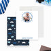 Personalized photo note card with father and child image, blue circular frame, and custom name on white cardstock with matching envelope-front-back