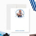 Personalized photo note card with father and child image, blue circular frame, and custom name on white cardstock with matching envelope-front