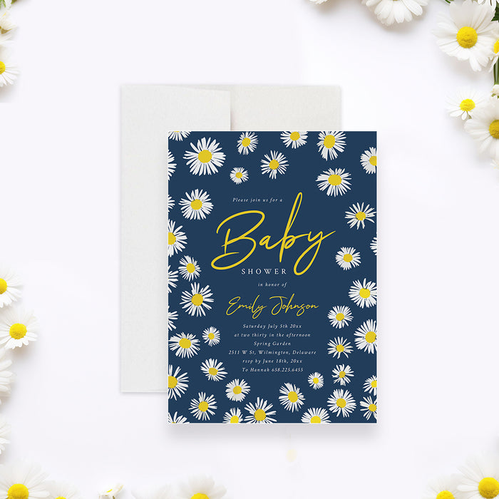 Daisy baby shower invitation with boho floral spring design on navy background, perfect for baby in bloom or spring newborn celebrations.